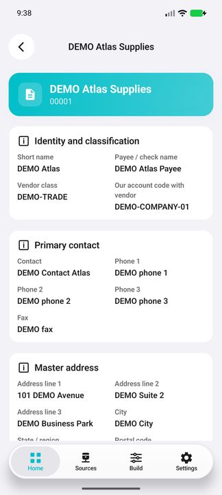 Supplier business identity, payee name, commercial account code and primary contact with all three phones and fax — Native Cifru DEMO, entirely fictional data; not a real ERP connection test.