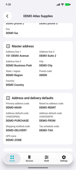 Complete master address with region/postal code/country; primary/remit-to and other native address codes; delivery and tax defaults — Native Cifru DEMO, entirely fictional data; not a real ERP connection test.