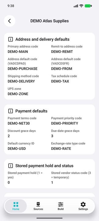 Payment terms, priority, configured grace days, currency/rate codes and separately stored payment hold/vendor status — Native Cifru DEMO, entirely fictional data; not a real ERP connection test.
