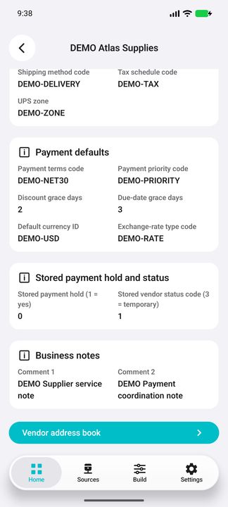 Complete business notes and payment context; real on-demand Vendor address book button — Native Cifru DEMO, entirely fictional data; not a real ERP connection test.
