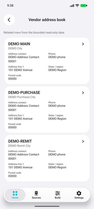 Actual child-list result: three distinct addresses belonging only to the selected vendor, with their contacts, phones and locations — Native Cifru DEMO, entirely fictional data; not a real ERP connection test.