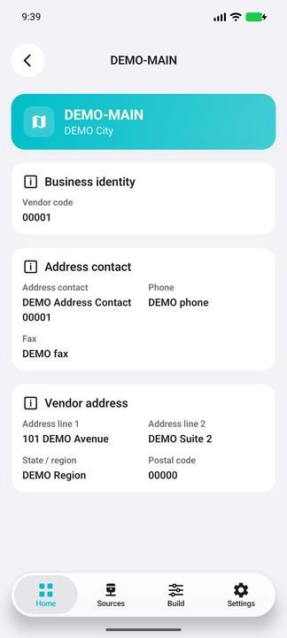 Complete vendor-address Details: vendor/address business identity, contact, phone/fax, address lines, region and postal code — Native Cifru DEMO, entirely fictional data; not a real ERP connection test.