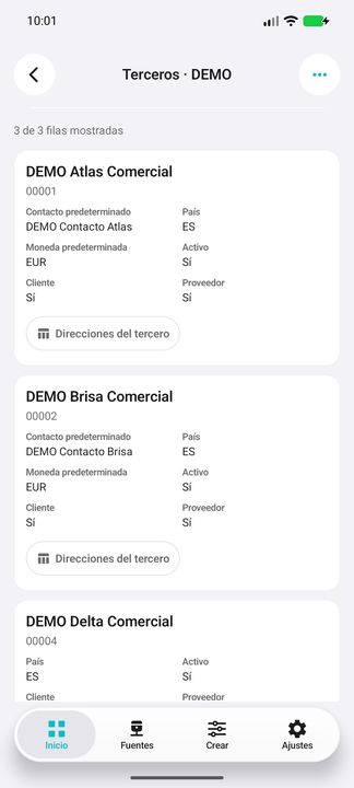 Tarjetas completas: razón social, código comercial, contacto, país, moneda y roles de cliente/proveedor — Cifru nativo DEMO, datos totalmente ficticios; no es una prueba de conexión ERP real.