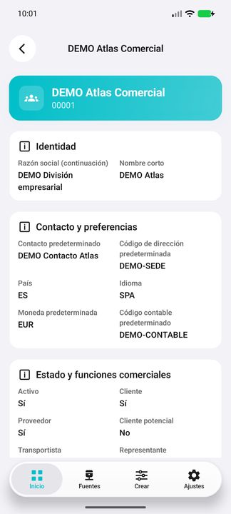 Detalles del tercero: identidad comercial, segundo nombre, contacto, país, idioma, moneda y códigos de preferencia — Cifru nativo DEMO, datos totalmente ficticios; no es una prueba de conexión ERP real.