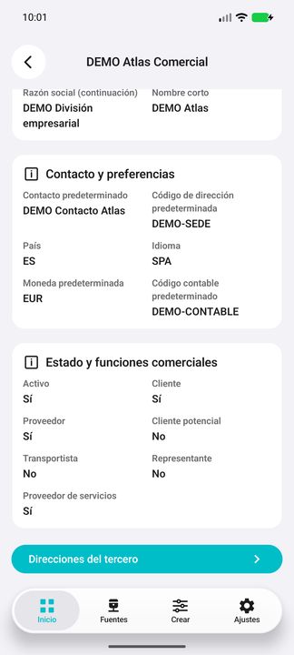 Todos los roles del tercero, incluido transportista y representante; sub-botón real Direcciones del tercero — Cifru nativo DEMO, datos totalmente ficticios; no es una prueba de conexión ERP real.