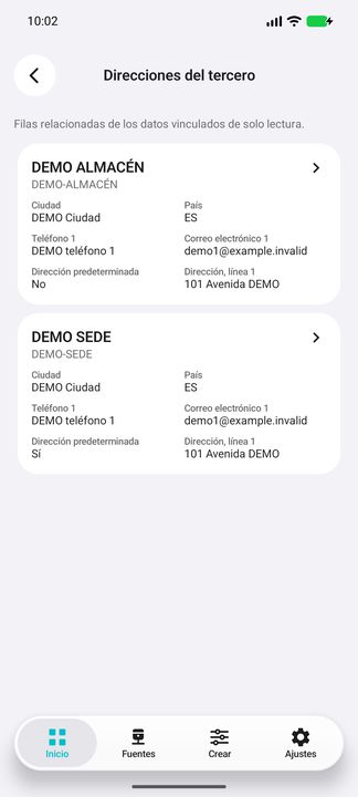 Contenido del sub-botón: tarjetas completas de DEMO ALMACÉN y DEMO SEDE, solo para el tercero seleccionado — Cifru nativo DEMO, datos totalmente ficticios; no es una prueba de conexión ERP real.