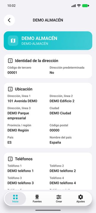 Detalles de DEMO ALMACÉN: código y dirección principal, tres líneas de dirección, país, ciudad y teléfonos — Cifru nativo DEMO, datos totalmente ficticios; no es una prueba de conexión ERP real.