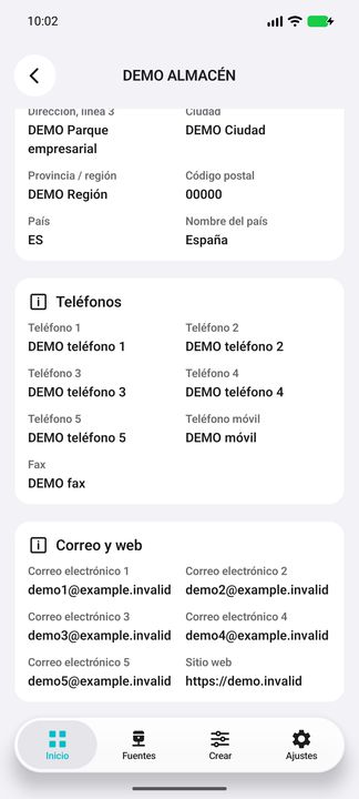 Continuación completa de la dirección: cinco teléfonos, móvil, fax, cinco correos y sitio web — Cifru nativo DEMO, datos totalmente ficticios; no es una prueba de conexión ERP real.