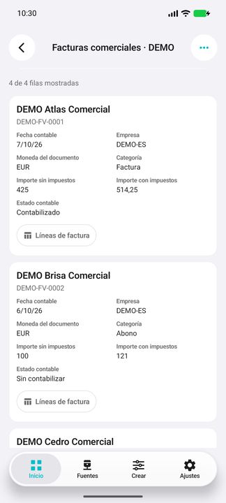 Tarjetas completas de factura y abono: fecha contable, empresa, moneda, importes y estado contable — Cifru nativo DEMO, datos totalmente ficticios; no es una prueba de conexión ERP real.