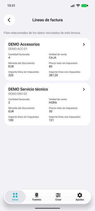 Líneas de la factura elegida: productos y servicios con cantidad, unidad, moneda, precio e importes — Cifru nativo DEMO, datos totalmente ficticios; no es una prueba de conexión ERP real.