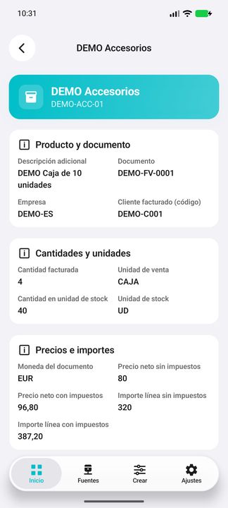 Ficha de línea: documento/cliente, descripción, cantidades y unidades de venta/stock, precios e importes — Cifru nativo DEMO, datos totalmente ficticios; no es una prueba de conexión ERP real.