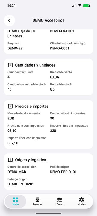 Ficha de línea, continuación: precios sin/con impuestos, centro de expedición, pedido y entrega de origen — Cifru nativo DEMO, datos totalmente ficticios; no es una prueba de conexión ERP real.