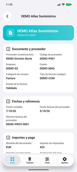 Ficha de factura: proveedor completo, empresa/centro, categoría, validación y referencia del proveedor — Cifru nativo DEMO, datos totalmente ficticios; no es una prueba de conexión ERP real.