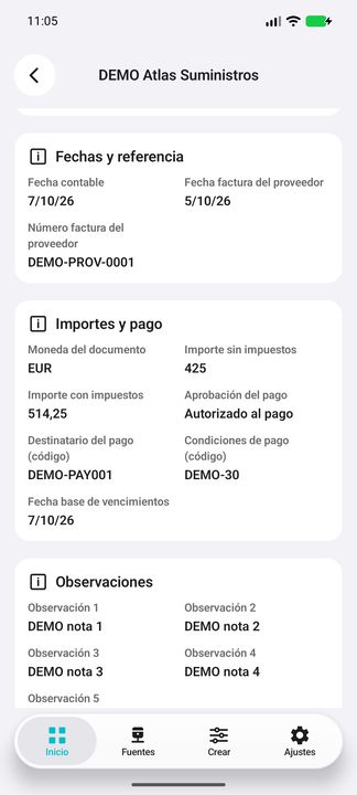 Ficha de factura: importes, aprobación y destinatario del pago, condiciones y fecha base de vencimientos — Cifru nativo DEMO, datos totalmente ficticios; no es una prueba de conexión ERP real.