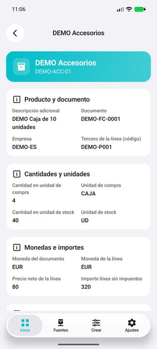 Ficha de línea: documento/tercero, descripción, unidades de compra/stock y monedas separadas — Cifru nativo DEMO, datos totalmente ficticios; no es una prueba de conexión ERP real.