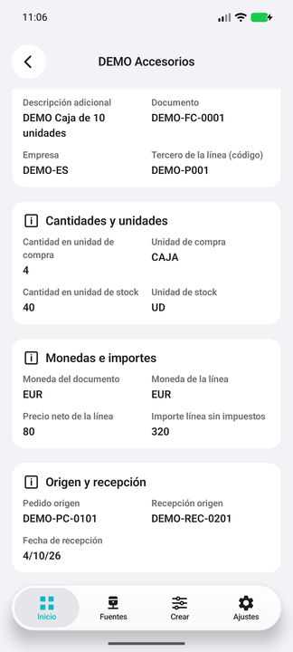 Ficha de línea, continuación: precio/importe nativos, pedido, recepción y fecha de recepción — Cifru nativo DEMO, datos totalmente ficticios; no es una prueba de conexión ERP real.