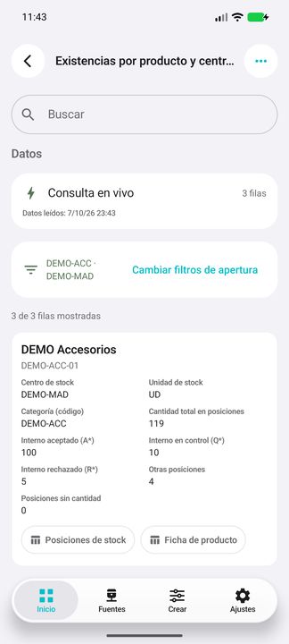 Centro y categoría seleccionados; resultado nativo en vivo — Cifru nativo DEMO, datos totalmente ficticios; no es prueba de conexión ERP real.