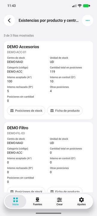 Card completo: cantidades internas A/Q/R, otras posiciones y dos sub-botones — Cifru nativo DEMO, datos totalmente ficticios; no es prueba de conexión ERP real.