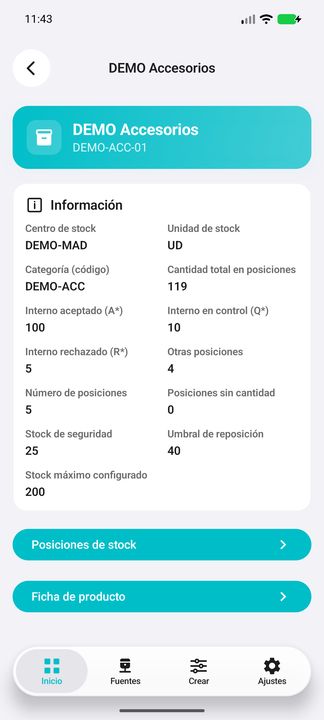 Resumen completo del producto-centro, número de posiciones y umbrales configurados — Cifru nativo DEMO, datos totalmente ficticios; no es prueba de conexión ERP real.
