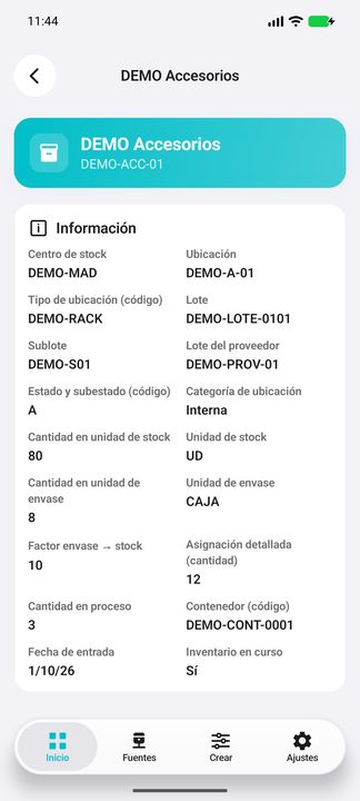 Detalle completo de la posición: lote, sublote, unidades, asignación, proceso, contenedor y entrada — Cifru nativo DEMO, datos totalmente ficticios; no es prueba de conexión ERP real.