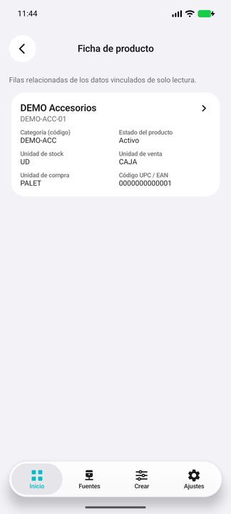 Contenido real del segundo sub-botón: ficha actual del producto — Cifru nativo DEMO, datos totalmente ficticios; no es prueba de conexión ERP real.