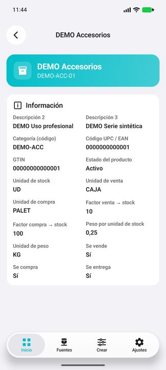 Ficha completa: descripciones, UPC/EAN y GTIN, unidades, factores, peso y aptitudes — Cifru nativo DEMO, datos totalmente ficticios; no es prueba de conexión ERP real.