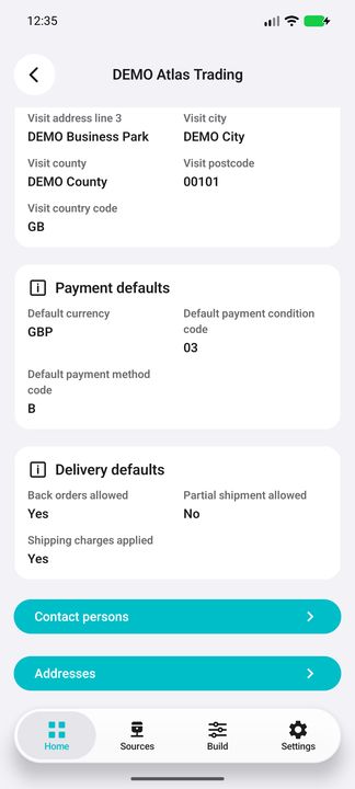 Account Details continued: remaining address/payment defaults and on-demand contact/address buttons; customer shipping defaults where applicable. — Native Cifru DEMO, wholly fictional data; not a real Exact Globe connection test.