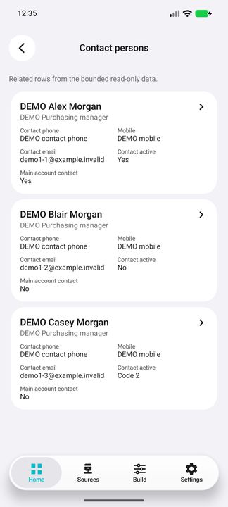 Contact persons: actual related list for the selected account, including complete representative contact card. — Native Cifru DEMO, wholly fictional data; not a real Exact Globe connection test.