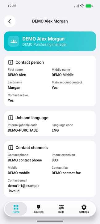 Contact Details: names, main/active flags, job/language and all contact channels. — Native Cifru DEMO, wholly fictional data; not a real Exact Globe connection test.