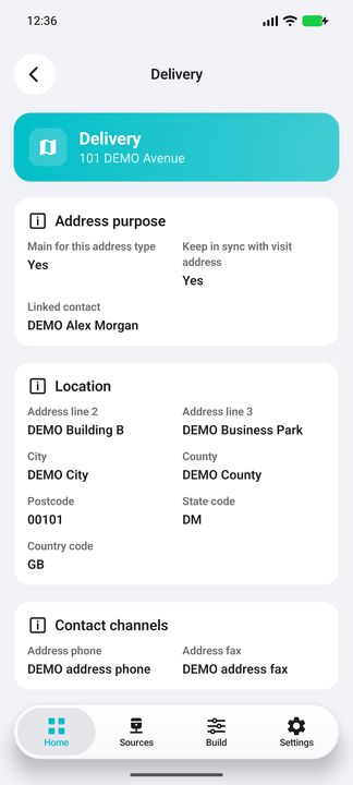 Delivery address Details: type, per-type main/sync flags, linked contact, full location and contact channels. — Native Cifru DEMO, wholly fictional data; not a real Exact Globe connection test.