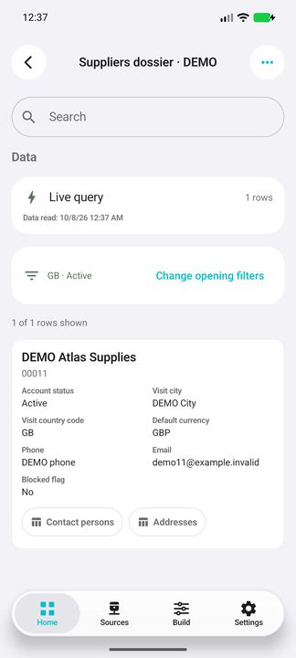 Complete account card: business identity, status, city/country, currency, phone, email and blocked flag. — Native Cifru DEMO, wholly fictional data; not a real Exact Globe connection test.
