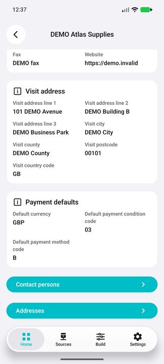 Account Details continued: remaining address/payment defaults and on-demand contact/address buttons; customer shipping defaults where applicable. — Native Cifru DEMO, wholly fictional data; not a real Exact Globe connection test.