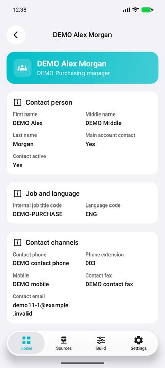 Contact Details: names, main/active flags, job/language and all contact channels. — Native Cifru DEMO, wholly fictional data; not a real Exact Globe connection test.