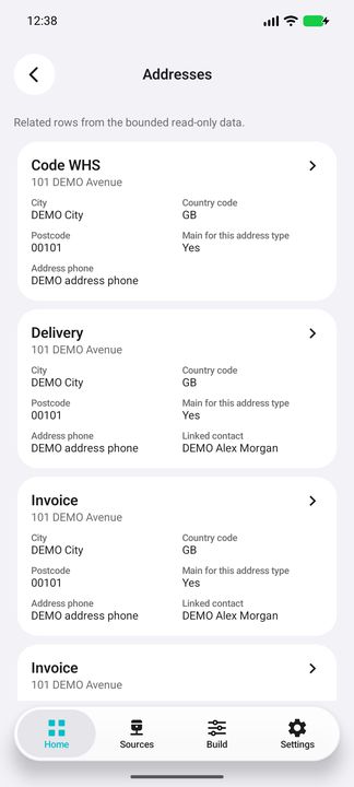 Addresses: actual related list; complete Delivery card, distinct address types and duplicate Invoice records retained. — Native Cifru DEMO, wholly fictional data; not a real Exact Globe connection test.