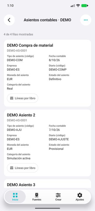 Tarjeta completa: tipo y número, fecha, empresa, diario, moneda, estado y categoría real; debajo, simulación activa diferenciada. — Cifru nativo DEMO, datos totalmente ficticios; no es una prueba de conexión ERP real.
