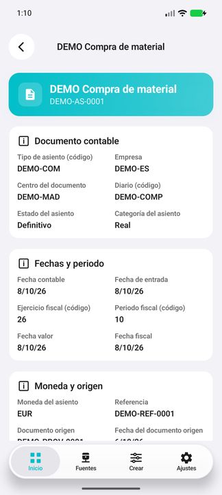 Dossier del asiento: contexto documental, centro, diario, estado, categoría y fechas/ejercicio/periodo. Continúa en la imagen siguiente. — Cifru nativo DEMO, datos totalmente ficticios; no es una prueba de conexión ERP real.