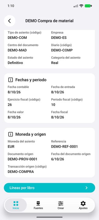 Continuación completa: moneda, referencia, documento/fecha y transacción origen; sub-botón de líneas por libro. — Cifru nativo DEMO, datos totalmente ficticios; no es una prueba de conexión ERP real.
