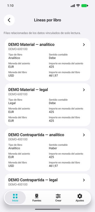 Líneas reales del sub-botón: cuentas, libro analítico/legal y Debe/Haber. 425 EUR del asiento y 461,97 USD del libro se conservan separados. — Cifru nativo DEMO, datos totalmente ficticios; no es una prueba de conexión ERP real.