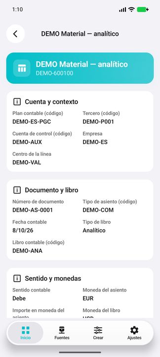 Dossier de la línea: cuenta y plan contable, tercero, cuenta de control, empresa y centro propio; tipo/número y libro. Continúa en la imagen siguiente. — Cifru nativo DEMO, datos totalmente ficticios; no es una prueba de conexión ERP real.