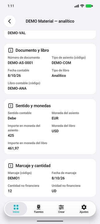 Continuación completa: Debe y ambas monedas/importes, código/fecha de marcaje y cantidad con unidad no financiera; sin saldo pagado supuesto. — Cifru nativo DEMO, datos totalmente ficticios; no es una prueba de conexión ERP real.