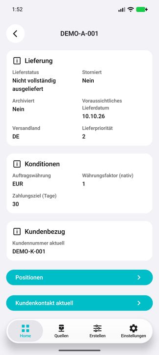 Auftragsdetails, Fortsetzung: aktueller Kundenbezug und beide Unterbuttons — Native Cifru-Ansicht; DEMO, vollständig erfundene Daten. Kein Test auf echtem ERP.