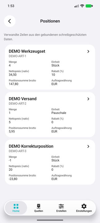 Positionen der geöffneten Bestellung: Artikel, Versand und negative Korrekturposition — Native Cifru-Ansicht; DEMO, vollständig erfundene Daten. Kein Test auf echtem ERP.