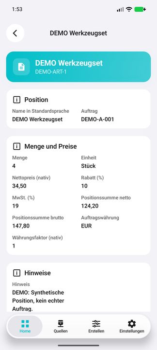 Positionsdetails: Menge, Einheit, Nettopreis, Rabatt, MwSt. und native Positionssummen — Native Cifru-Ansicht; DEMO, vollständig erfundene Daten. Kein Test auf echtem ERP.