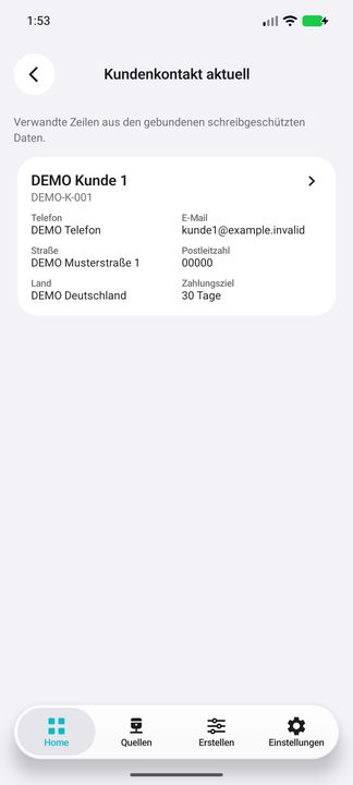 Kundenkontakt aktuell: Ergebnis des zweiten Unterbuttons mit Kontaktdaten und Adresse — Native Cifru-Ansicht; DEMO, vollständig erfundene Daten. Kein Test auf echtem ERP.