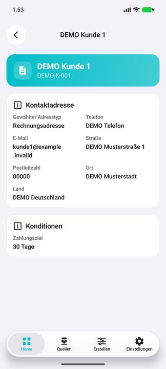 Kundenkontakt-Details: gewählter aktueller Adresstyp, Telefon, E-Mail, Anschrift und Stamm-Zahlungsziel — Native Cifru-Ansicht; DEMO, vollständig erfundene Daten. Kein Test auf echtem ERP.