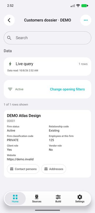 Complete firm card with business number, status, classification, relationship, employee count, roles and website. — Native Cifru DEMO, wholly fictional data; not a real Vantagepoint connection test.