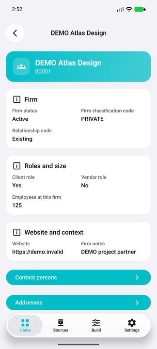 Firm Details: all ten selected business values, notes and on-demand contact/address actions. — Native Cifru DEMO, wholly fictional data; not a real Vantagepoint connection test.