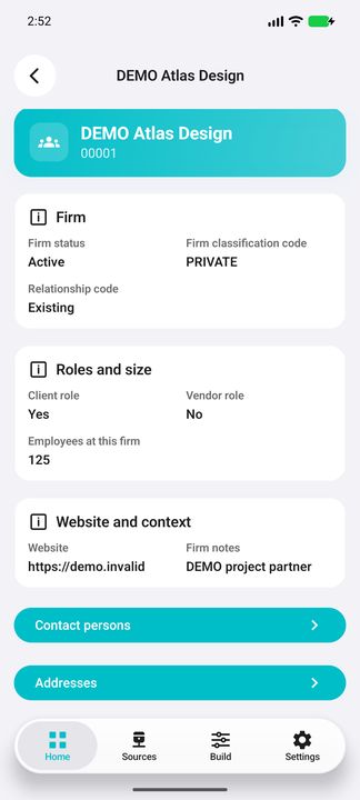 Overlapping firm Details view with the actual related buttons; not additional business fields. — Native Cifru DEMO, wholly fictional data; not a real Vantagepoint connection test.