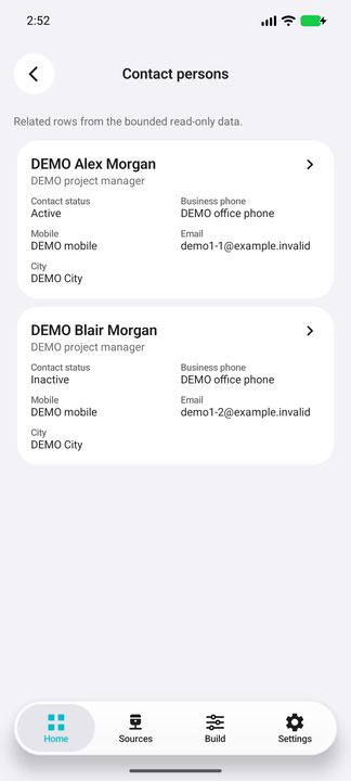 Contact persons: real native related-list contents and complete representative contact card. — Native Cifru DEMO, wholly fictional data; not a real Vantagepoint connection test.
