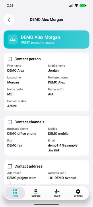 Contact Details: full identity and communication channels; the clipped lower address section continues in the next image. — Native Cifru DEMO, wholly fictional data; not a real Vantagepoint connection test.